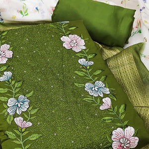 Green Viscose Dress Material with Intricate Floral Embroidery