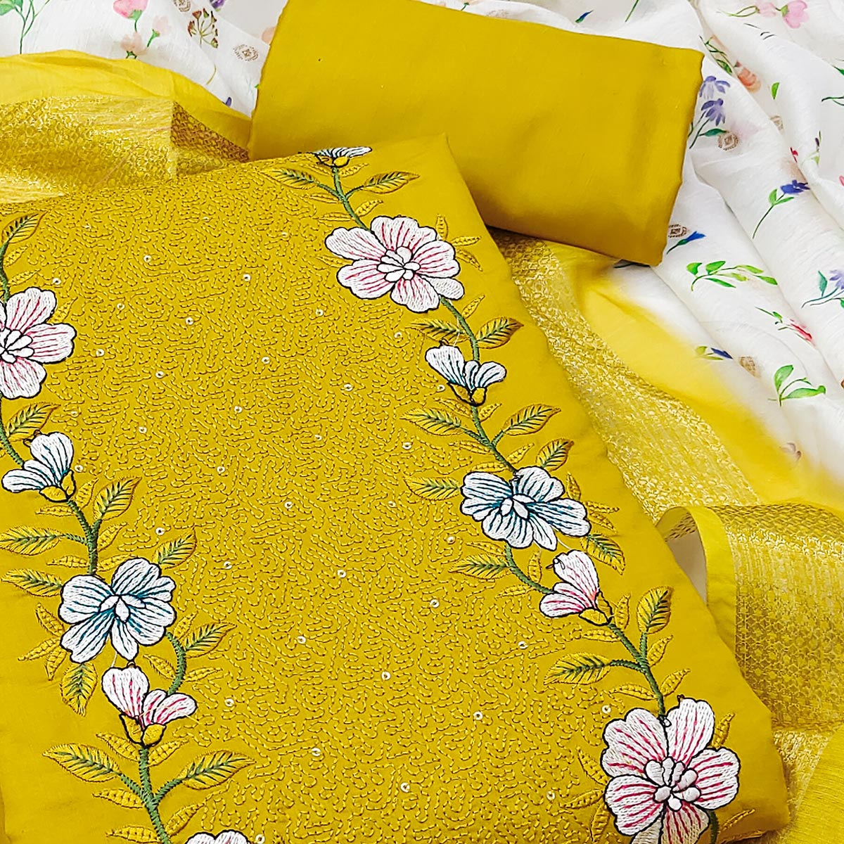 Mustard Viscose Dress Material with Intricate Floral Embroidery
