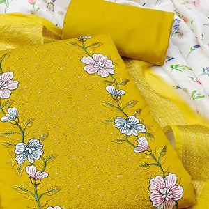 Mustard Viscose Dress Material with Intricate Floral Embroidery
