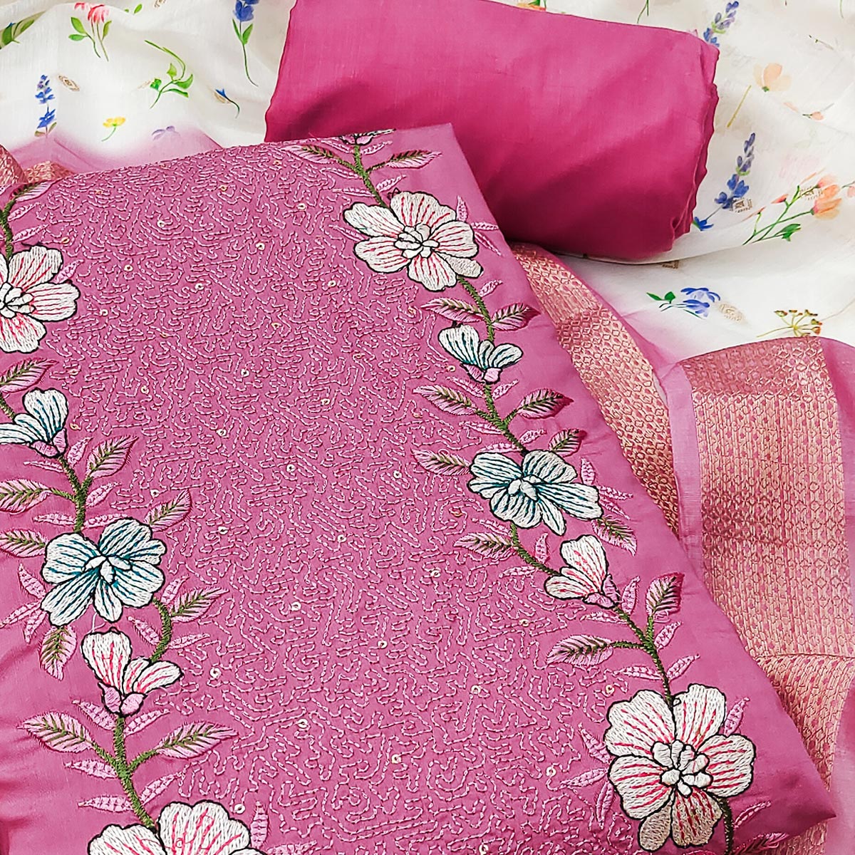 Pink Viscose Dress Material with Intricate Floral Embroidery