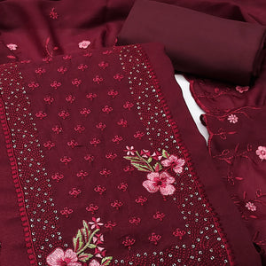 Designer Maroon Georgette Fabric with Intricate Floral Embroidery