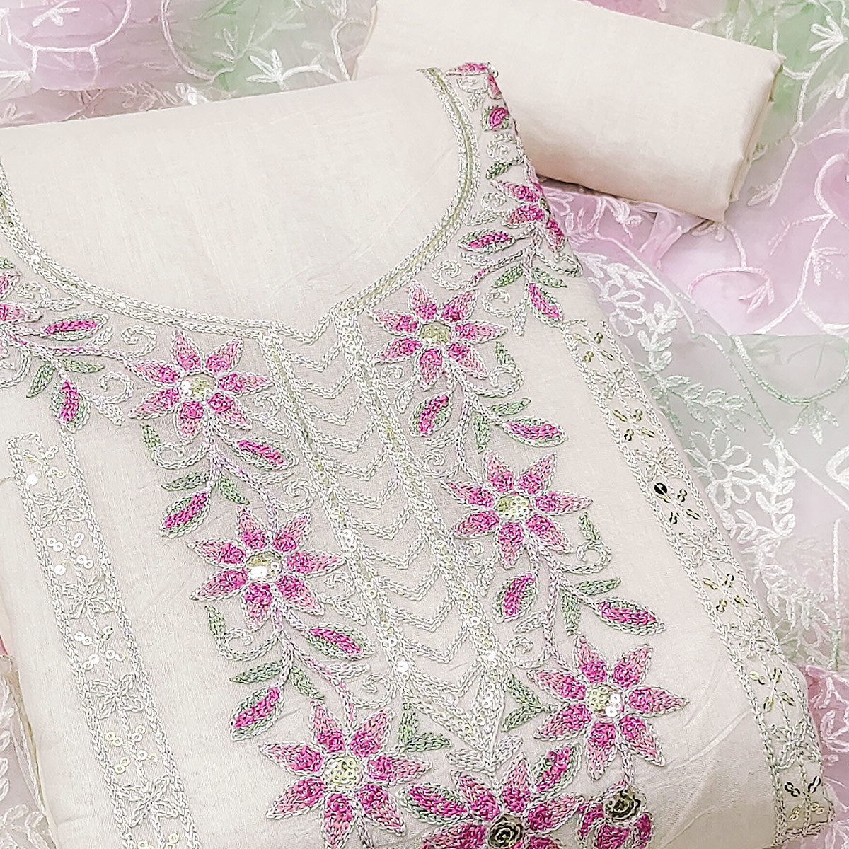 White Chanderi Unstitched Dress Material with Floral Embroidery
