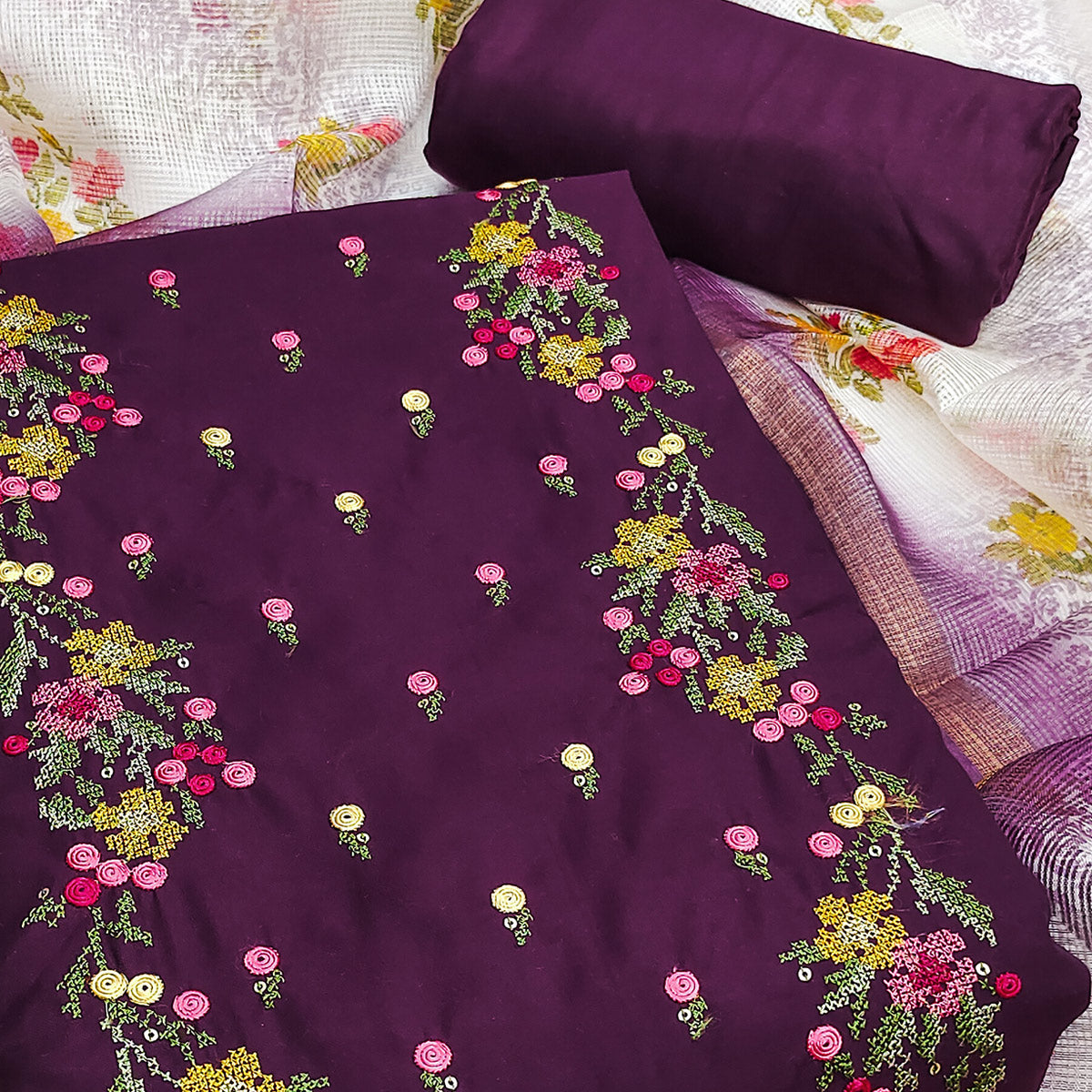 Dark Purple Viscose Dress Material With Floral Embroidered Neckline