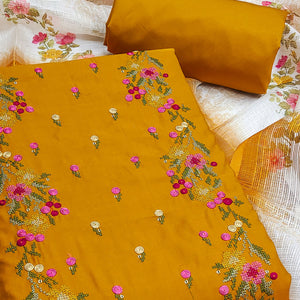 Mustard Viscose Dress Material With Floral Embroidered Neckline