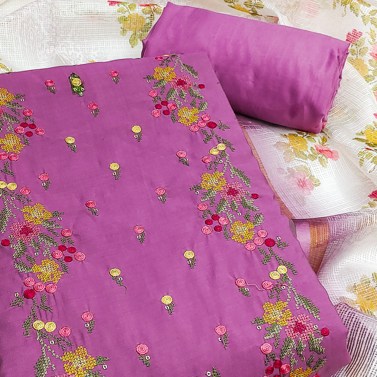 Purpple Viscose Dress Material With Floral Embroidered Neckline