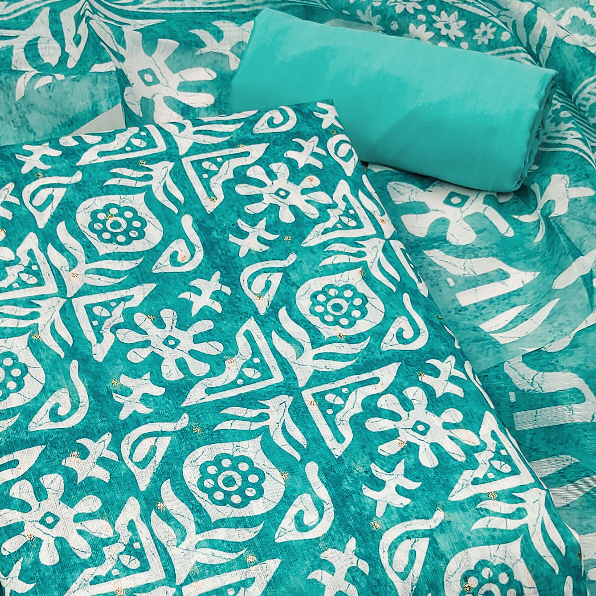 Turquoise Traditional Batik Print on Linen Dress Material