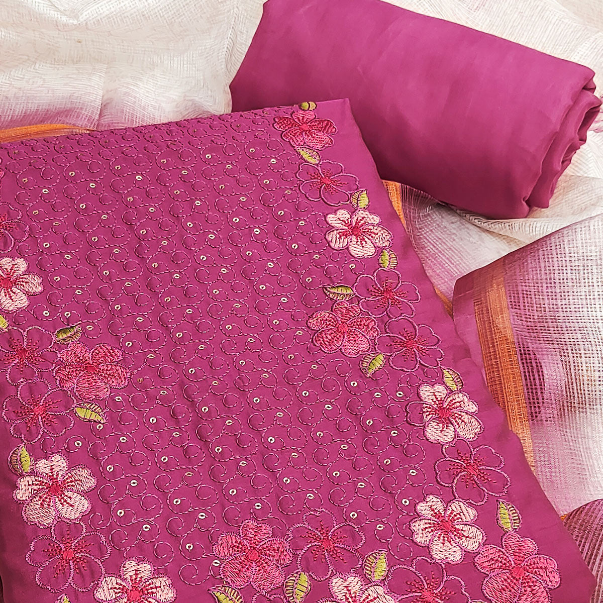 Pink Delicate Floral Embroidery On Luxe Viscose Dress Material