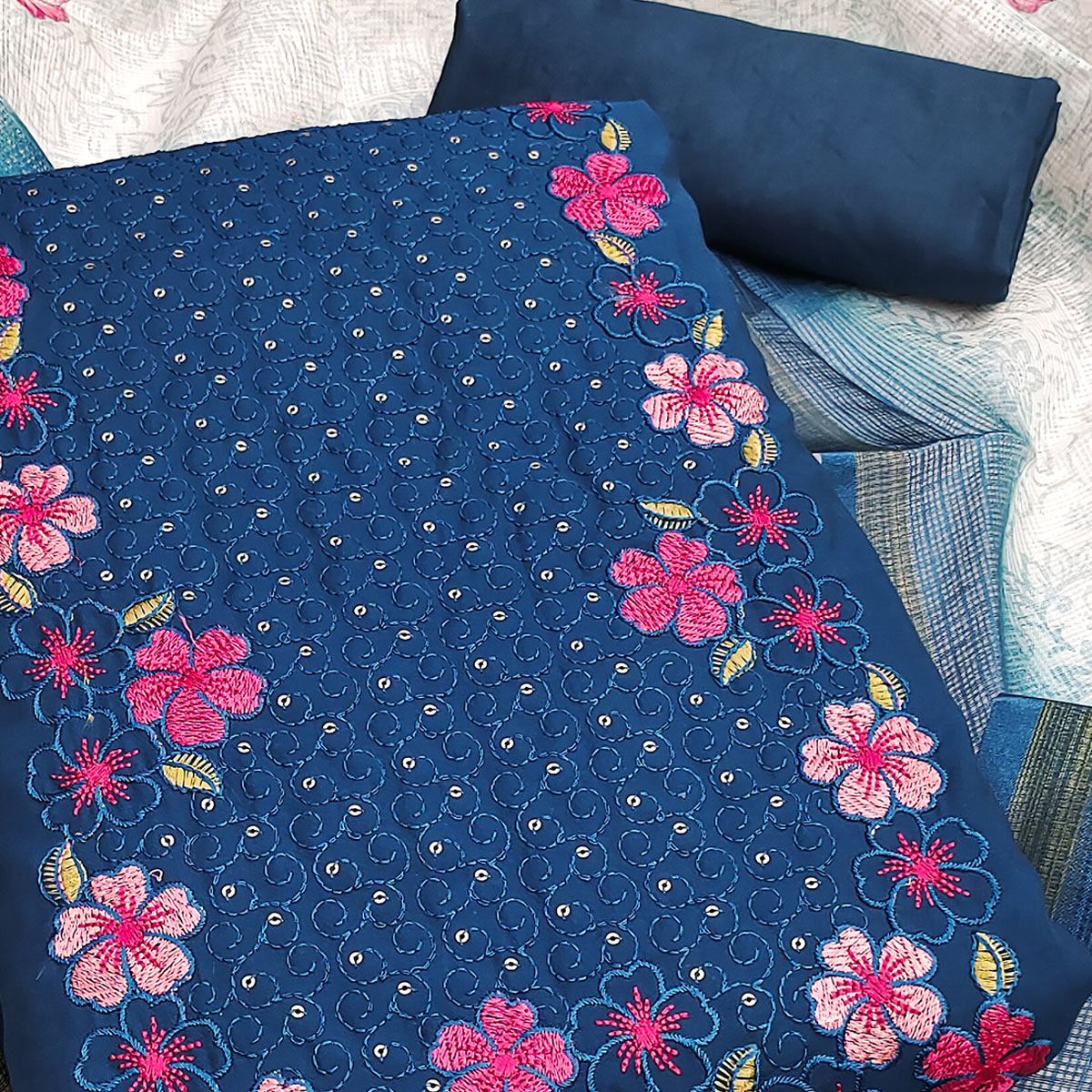 Teal Delicate Floral Embroidery On Luxe Viscose Dress Material