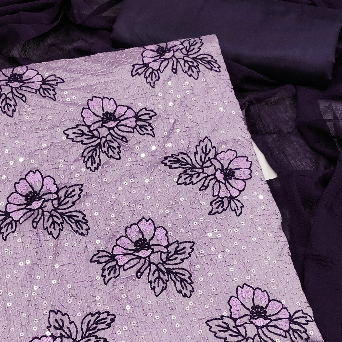 Light Purple Silk Blend Dress Material with Sequin Embroidery