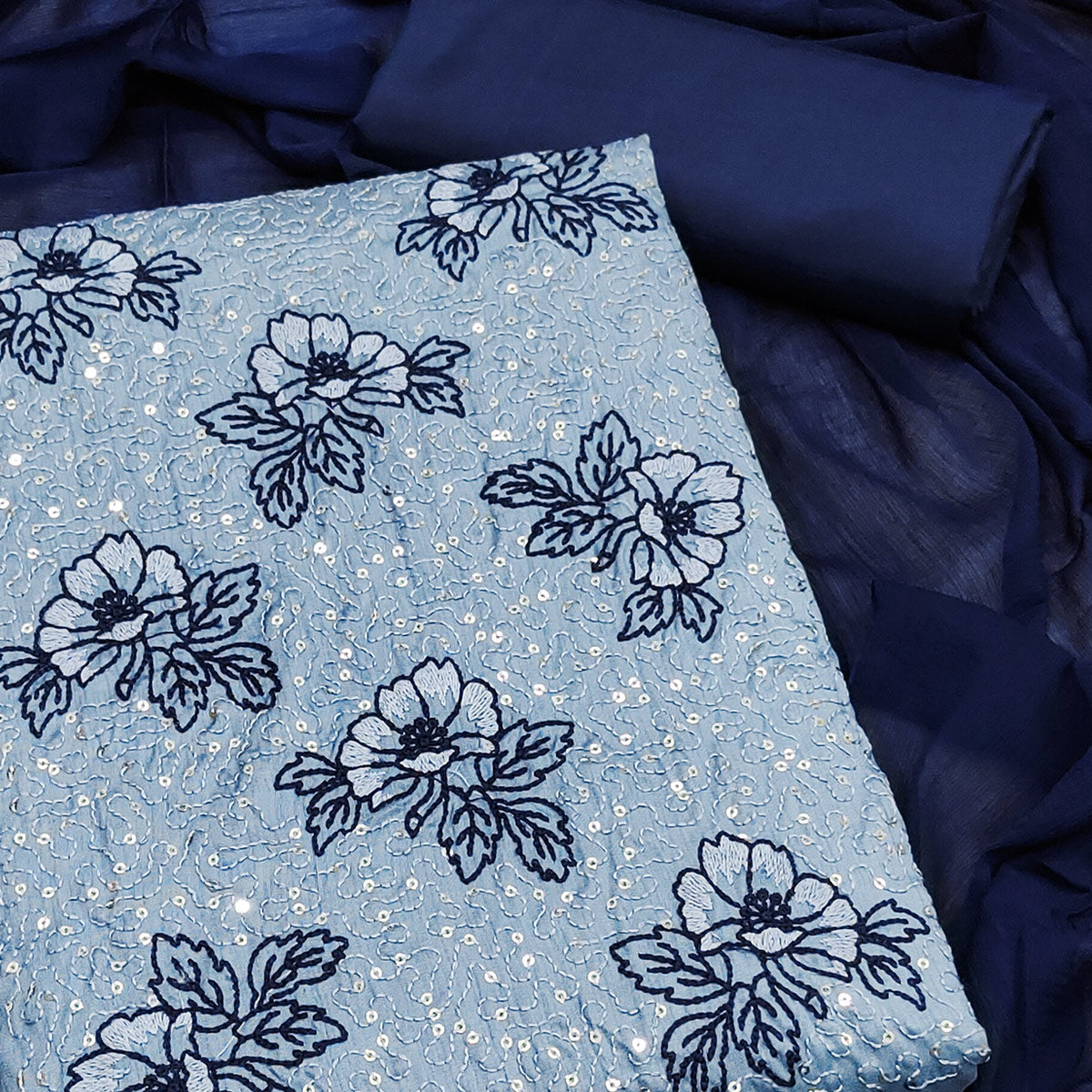 Sky Blue Silk Blend Dress Material with Sequin Embroidery