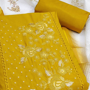 Yellow Viscose Dress Material With Stunning Floral Sequin Embroidery