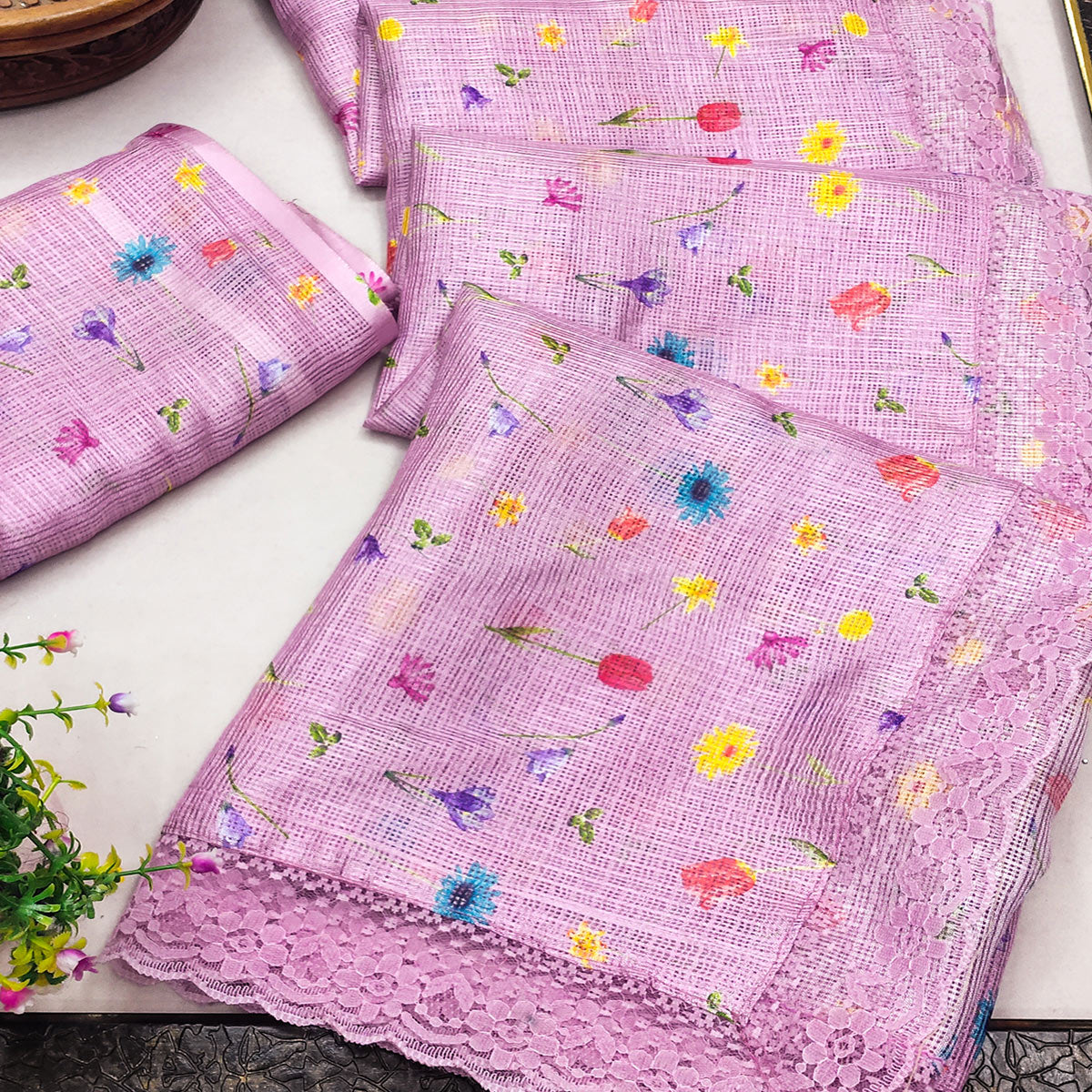Elegant Pink Floral Kota Doria Saree with Delicate Lace Detailing