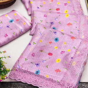 Elegant Pink Floral Kota Doria Saree with Delicate Lace Detailing