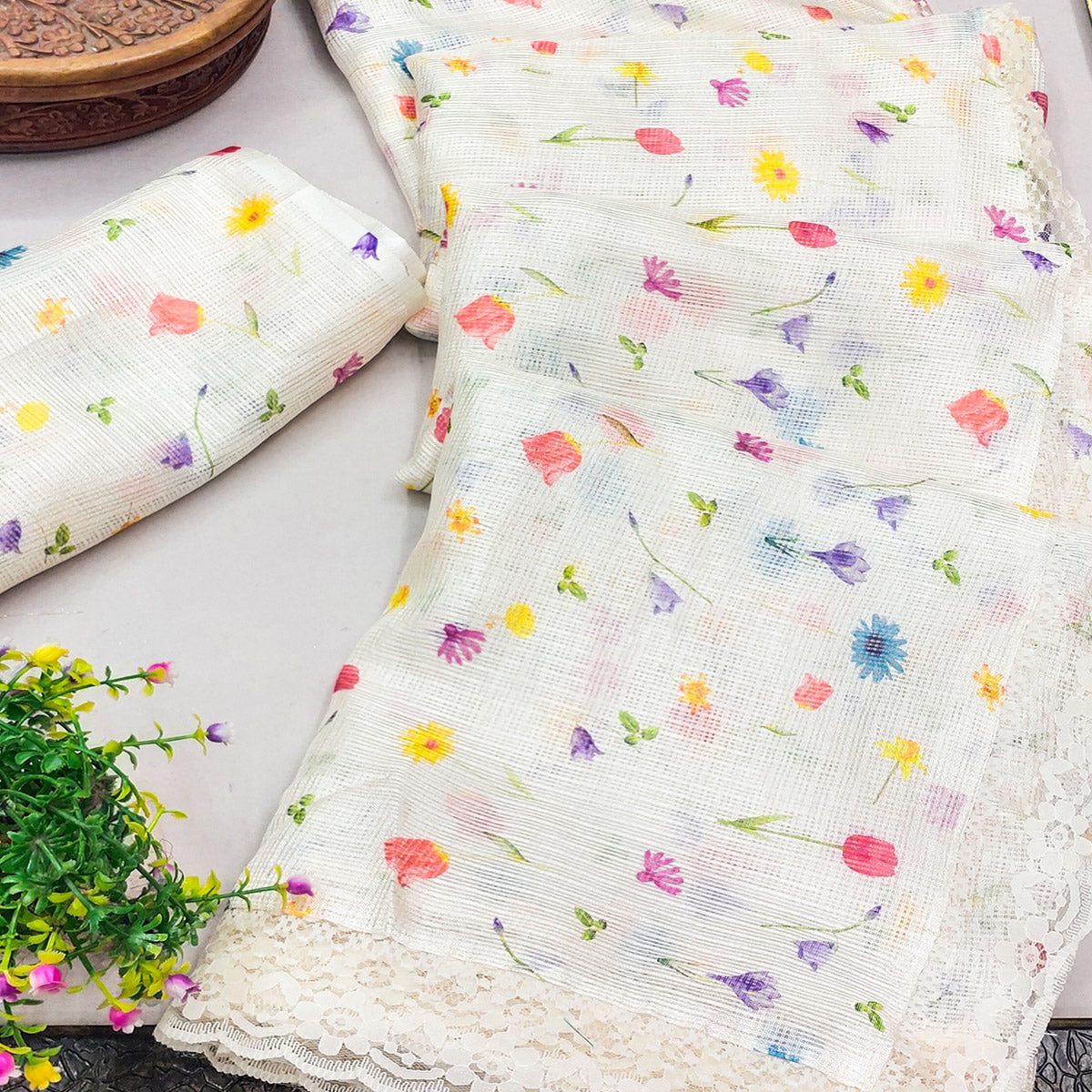 Elegant White Floral Kota Doria Saree with Delicate Lace Detailing