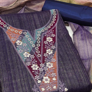 Blue Art Silk Dress Material With Neck Embroidery