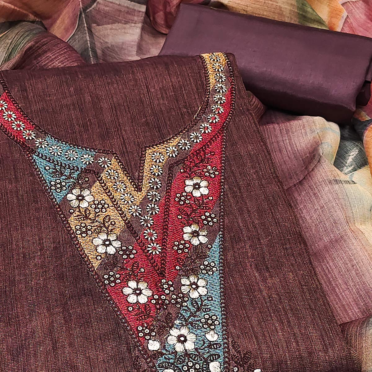 Mauve Art Silk Dress Material with Neck Embroidery