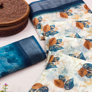 Off-White Linen Printed Saree Adorned with Florals and Subtle Zari Trim