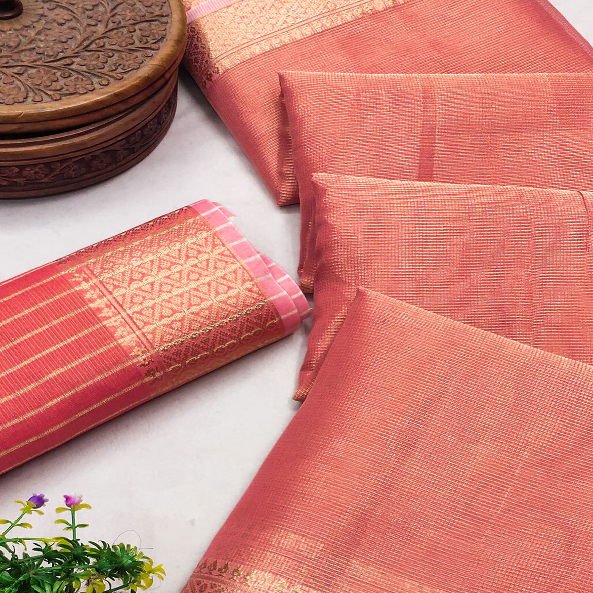 Subtle Solid Peach Kota Doria Saree with Traditional Zari Weaving Edging