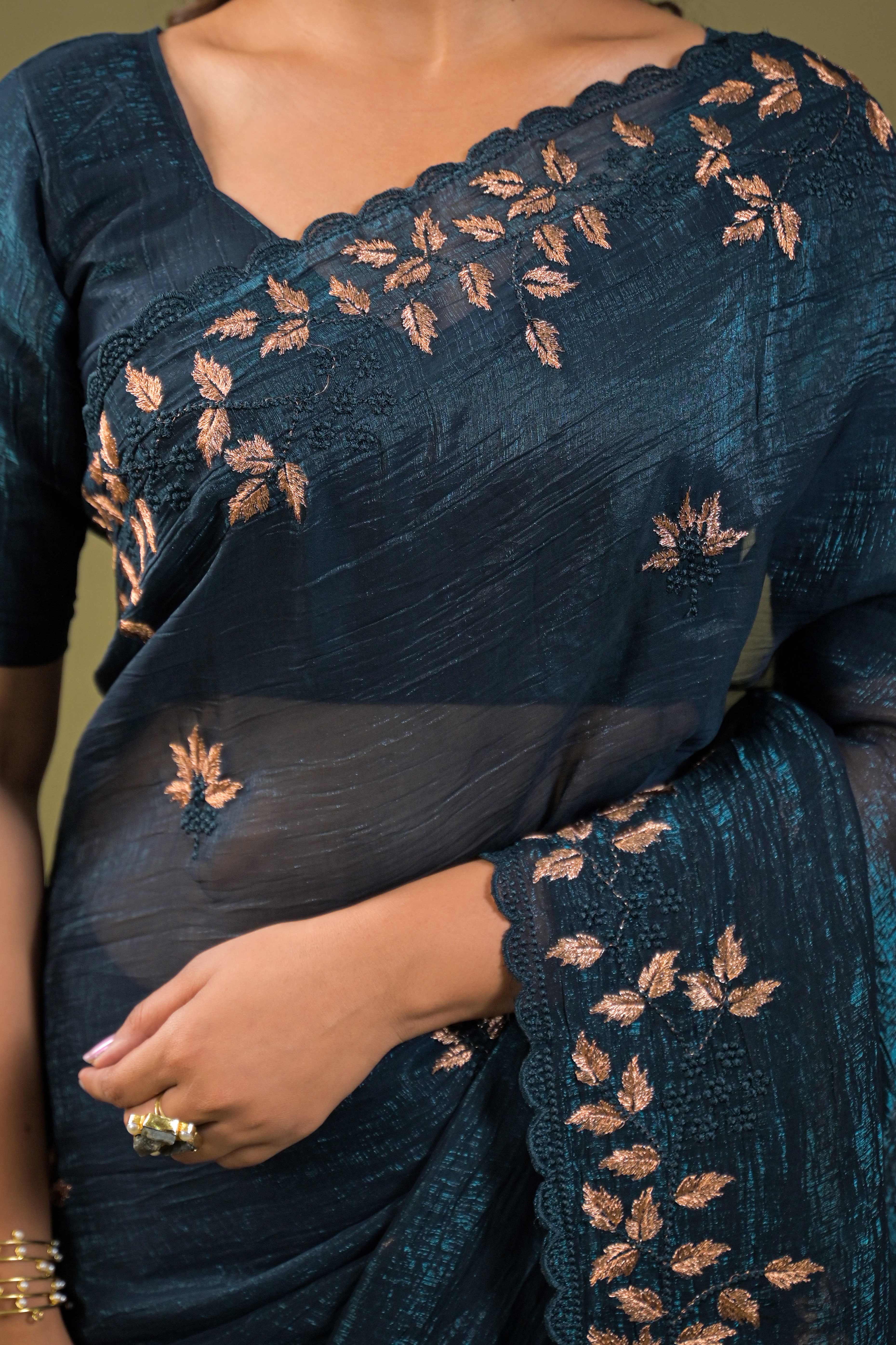 Dark Teal Sheer Organza Saree Adorned with Floral Embroidery