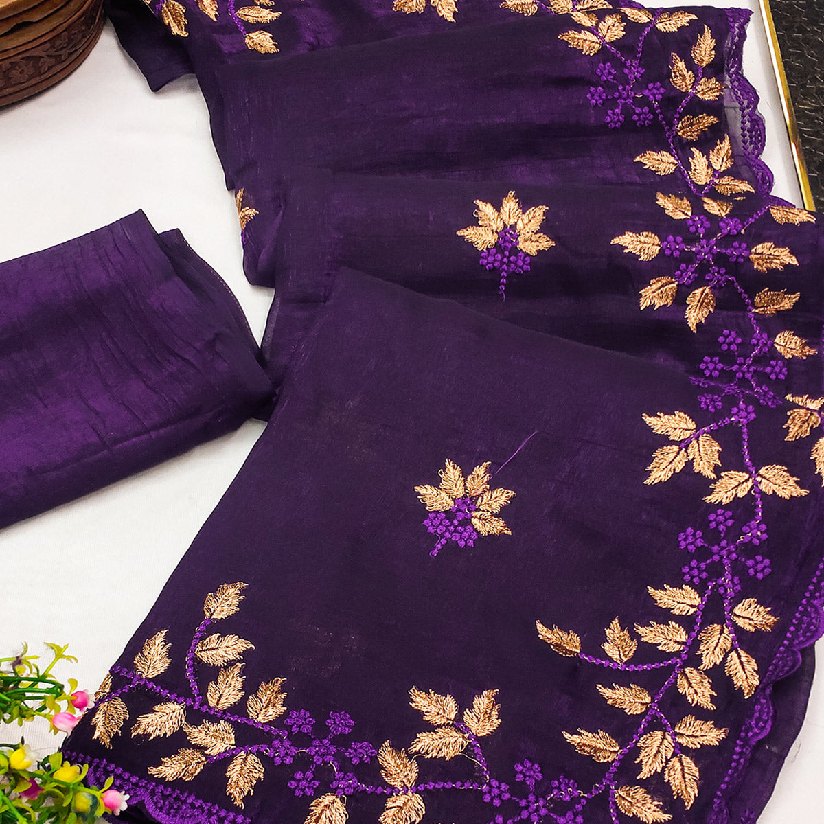 Dark Purple Sheer Organza Saree Adorned with Floral Embroidery