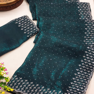 Morpich Green Organza Embellished Saree Adorned with Sparkling Stone Work