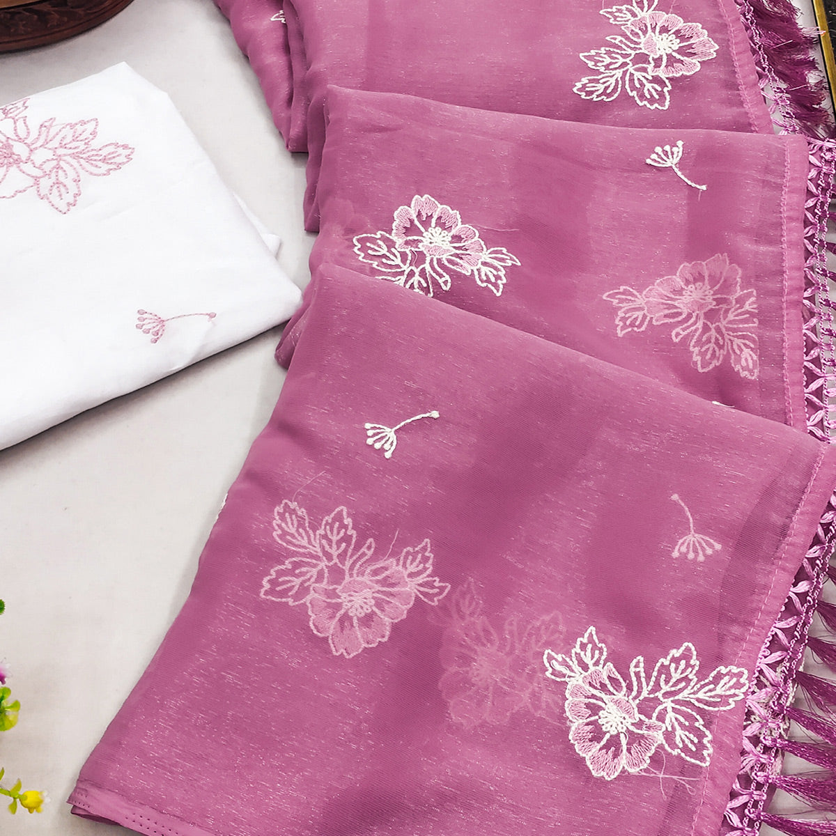 Designer Pink Chiffon Saree with Intricate Floral Embroidery