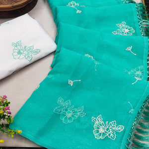 Designer Turquoise Chiffon Saree with Intricate Floral Embroidery