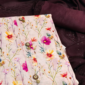 Brownish Maroon Linen Fabric with Serene Floral Patterns for Casual Looks