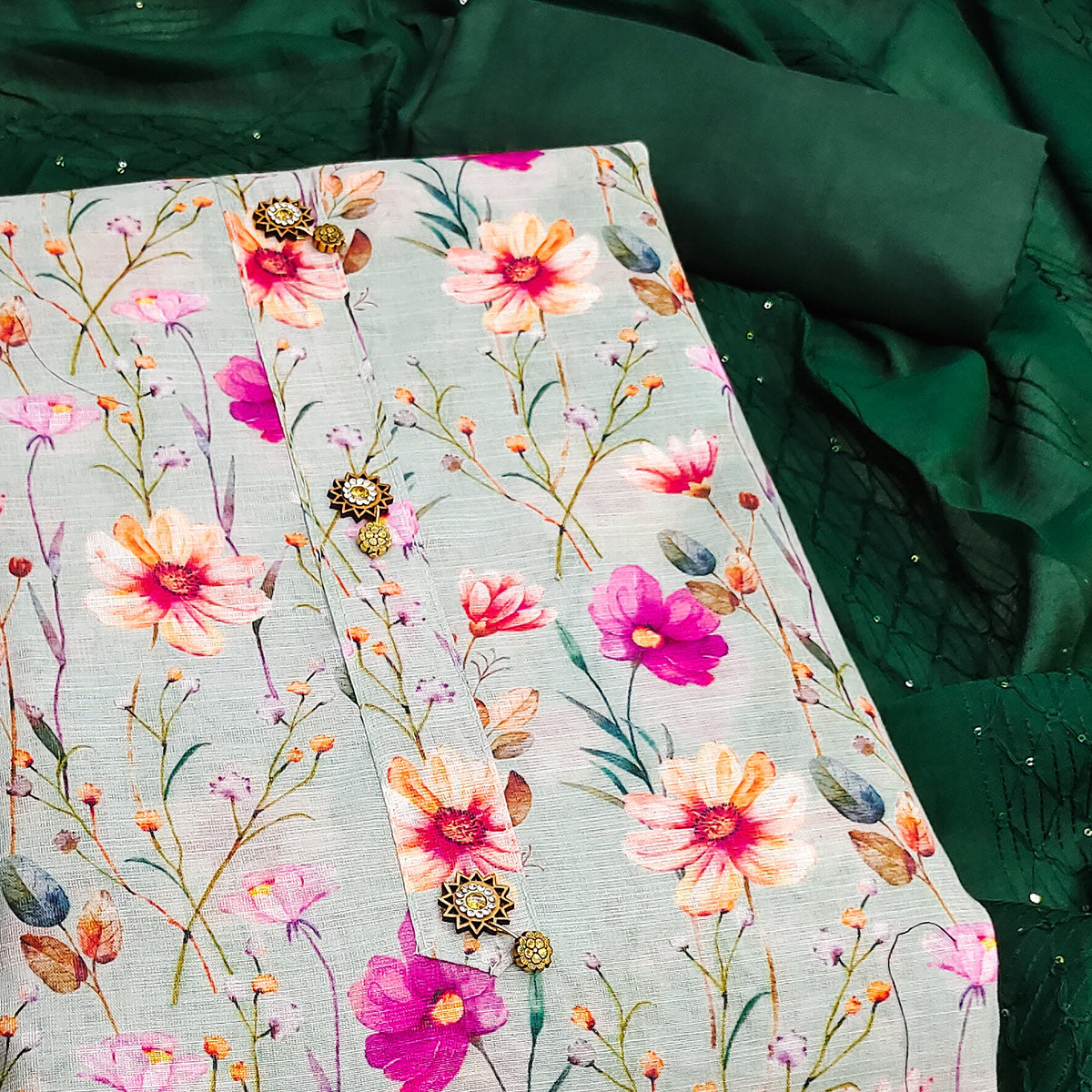Green Linen Fabric with Serene Floral Patterns for Casual Looks
