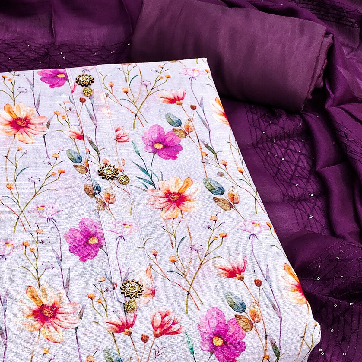 Purple Linen Fabric with Serene Floral Patterns for Casual Looks