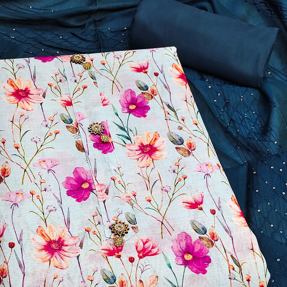 Teal Linen Fabric with Serene Floral Patterns for Casual Looks