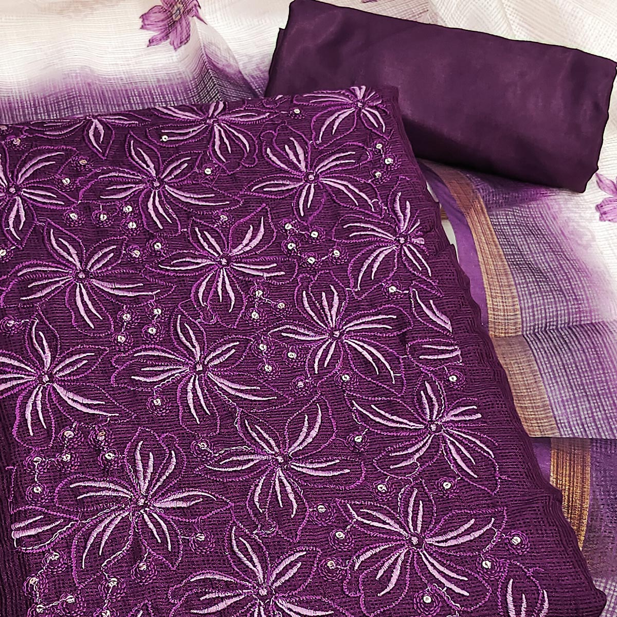Purple Unstitched Suit Material in Kota Doria with Floral Threadwork