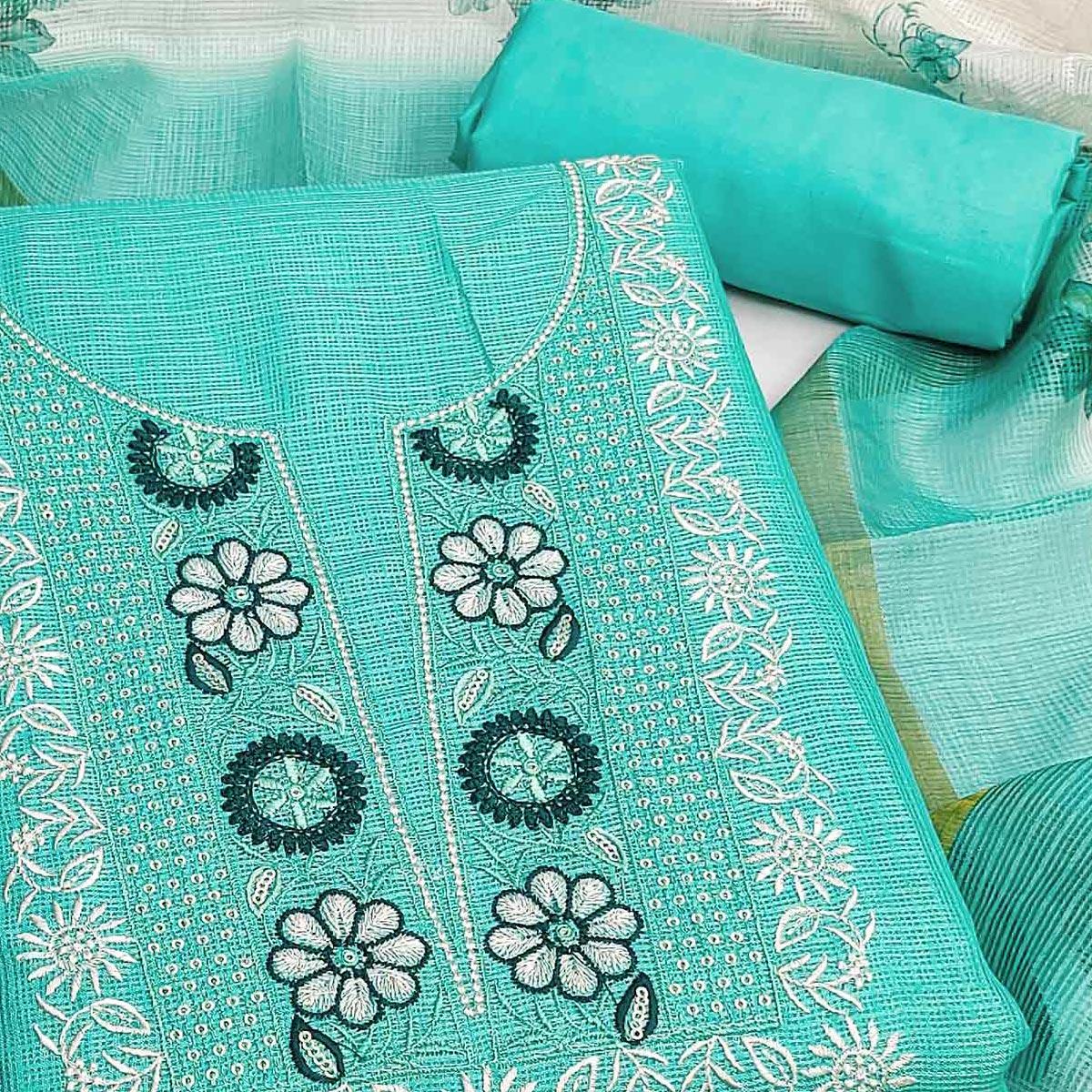 Turquoise Kota Doria Fabric with Beautifully Embroidered Floral Designs
