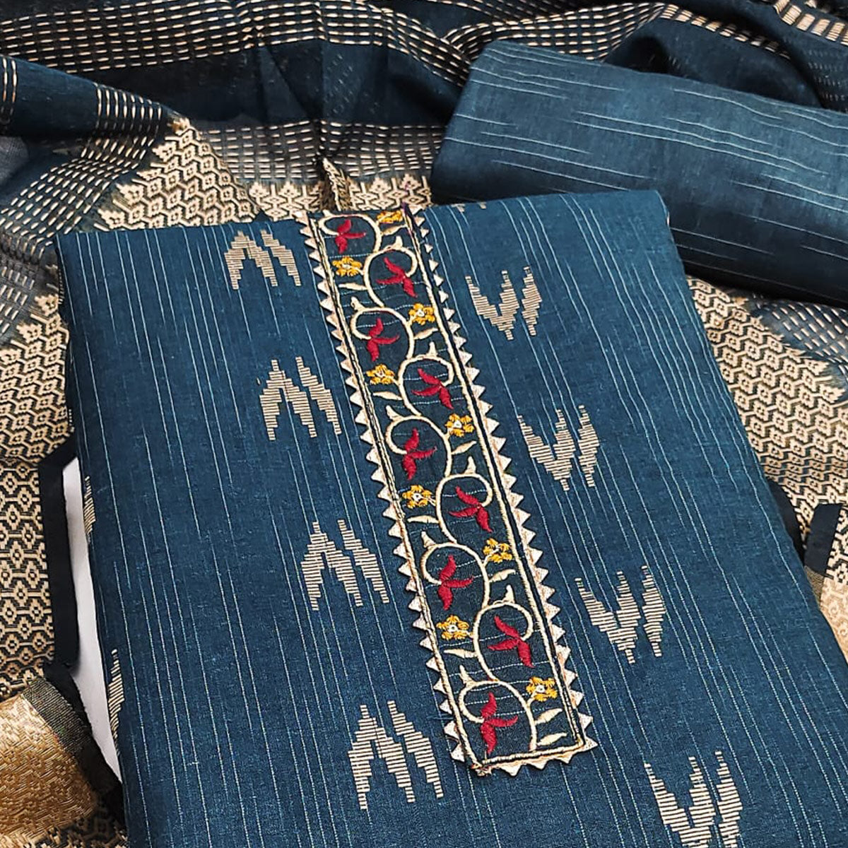 Blue Ikkat Style Woven Dress Material in Soft Pure Cotton for Everyday Wear