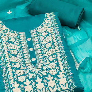 Soft Viscose Fabric in Turquoise with Delicate Floral Work