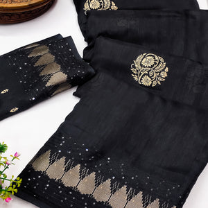 Festive Black Dola Silk Saree with Printed Florals & Heritage Border Work