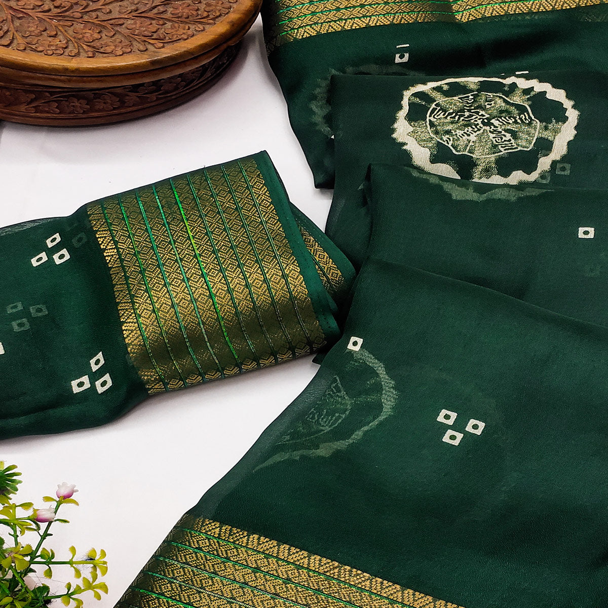 Designer Green Satin Saree with Abstract Art Print & Elegant Border Weave