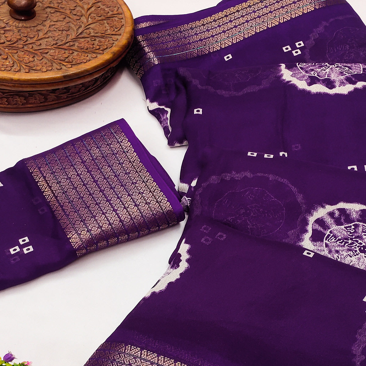 Designer Purple Satin Saree with Abstract Art Print & Elegant Border Weave