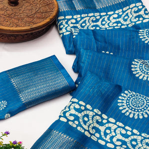 Classic Blue Dola Silk Saree Adorned with Floral Motifs & Rich Zari Work
