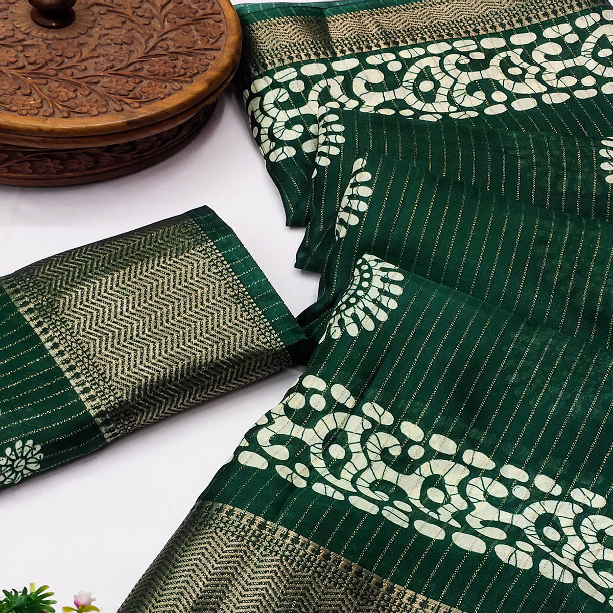 Classic Dark Green Dola Silk Saree Adorned with Floral Motifs & Rich Zari Work