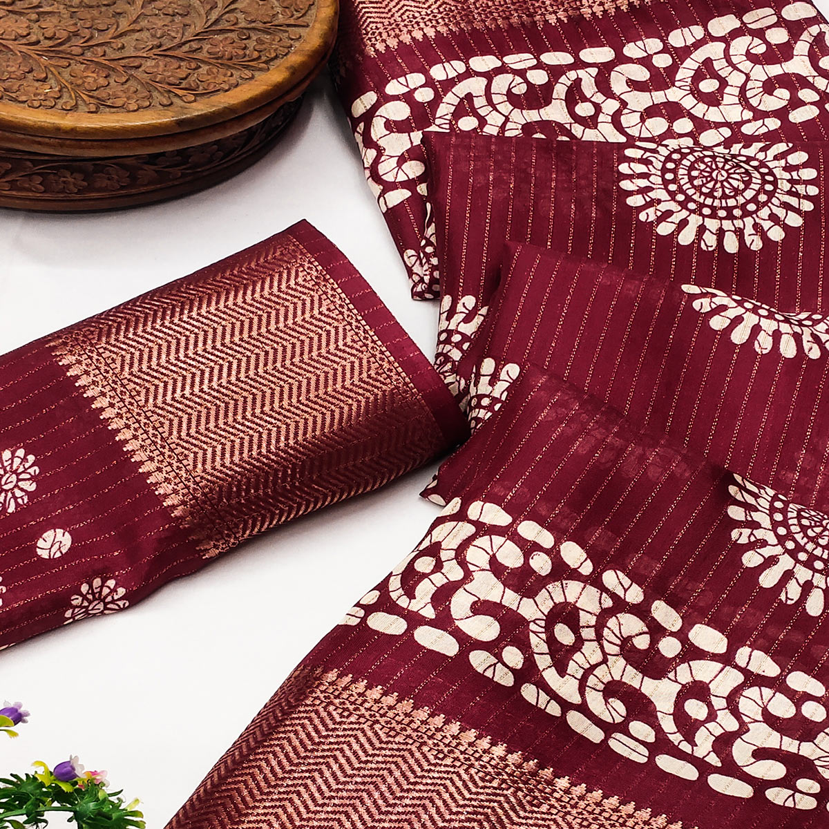 Classic Maroon Dola Silk Saree Adorned with Floral Motifs & Rich Zari Work