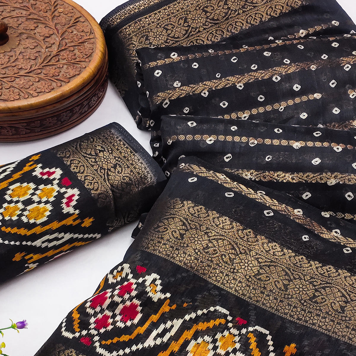 Black Bandhani Printed Dola Silk Saree Enhanced With Fine Weaving Accents