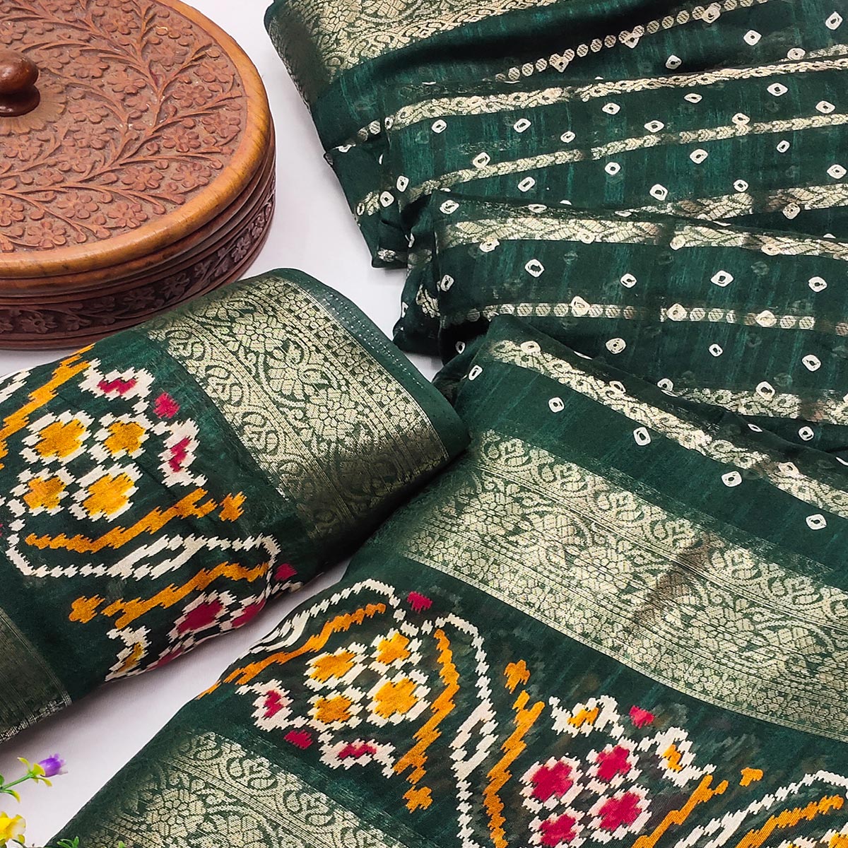 Green Bandhani Printed Dola Silk Saree Enhanced With Fine Weaving Accents