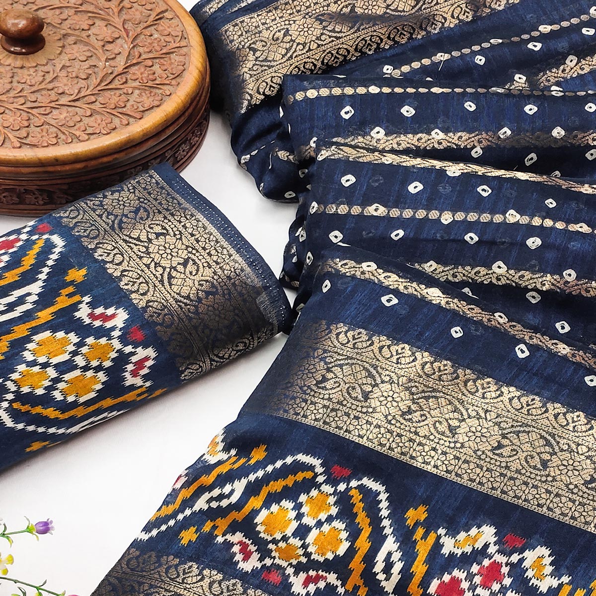 Navy Blue Bandhani Printed Dola Silk Saree Enhanced With Fine Weaving Accents
