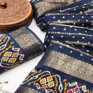 Navy Blue Bandhani Printed Dola Silk Saree Enhanced With Fine Weaving Accents
