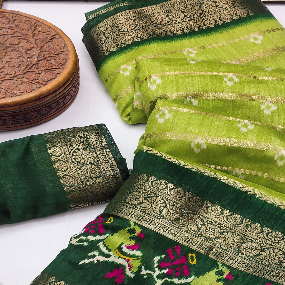Green Ikkat Printed Dola Silk Saree With Elegant Weaving Work