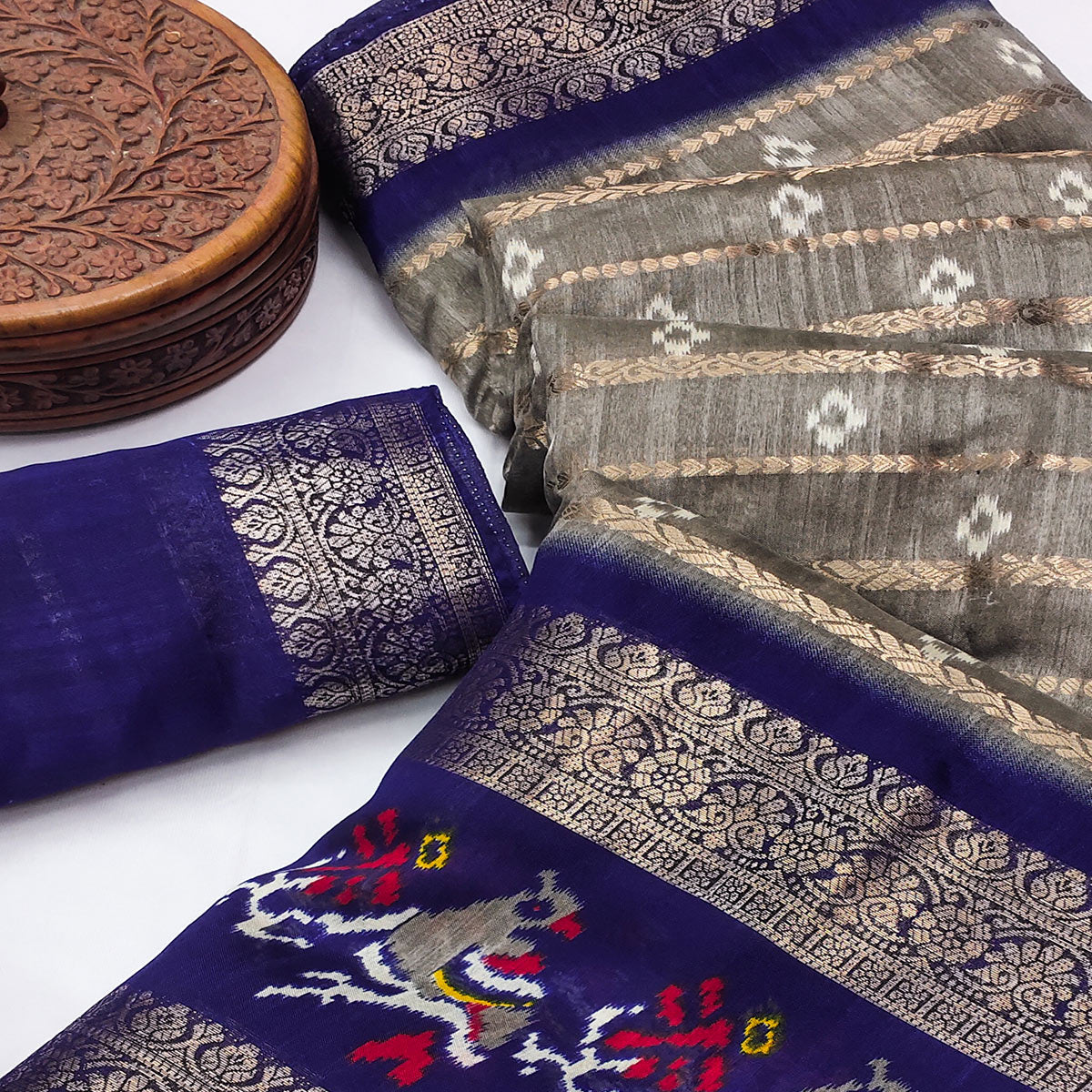 Grey & Navy Blue Ikkat Printed Dola Silk Saree With Elegant Weaving Work