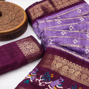 Lavender Ikkat Printed Dola Silk Saree With Elegant Weaving Work