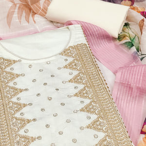 Off White Golden Thread Embroidered Viscose Dress Material