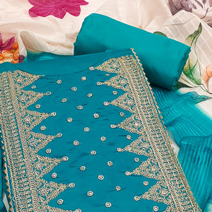 Teal Golden Thread Embroidered On Viscose Dress Material